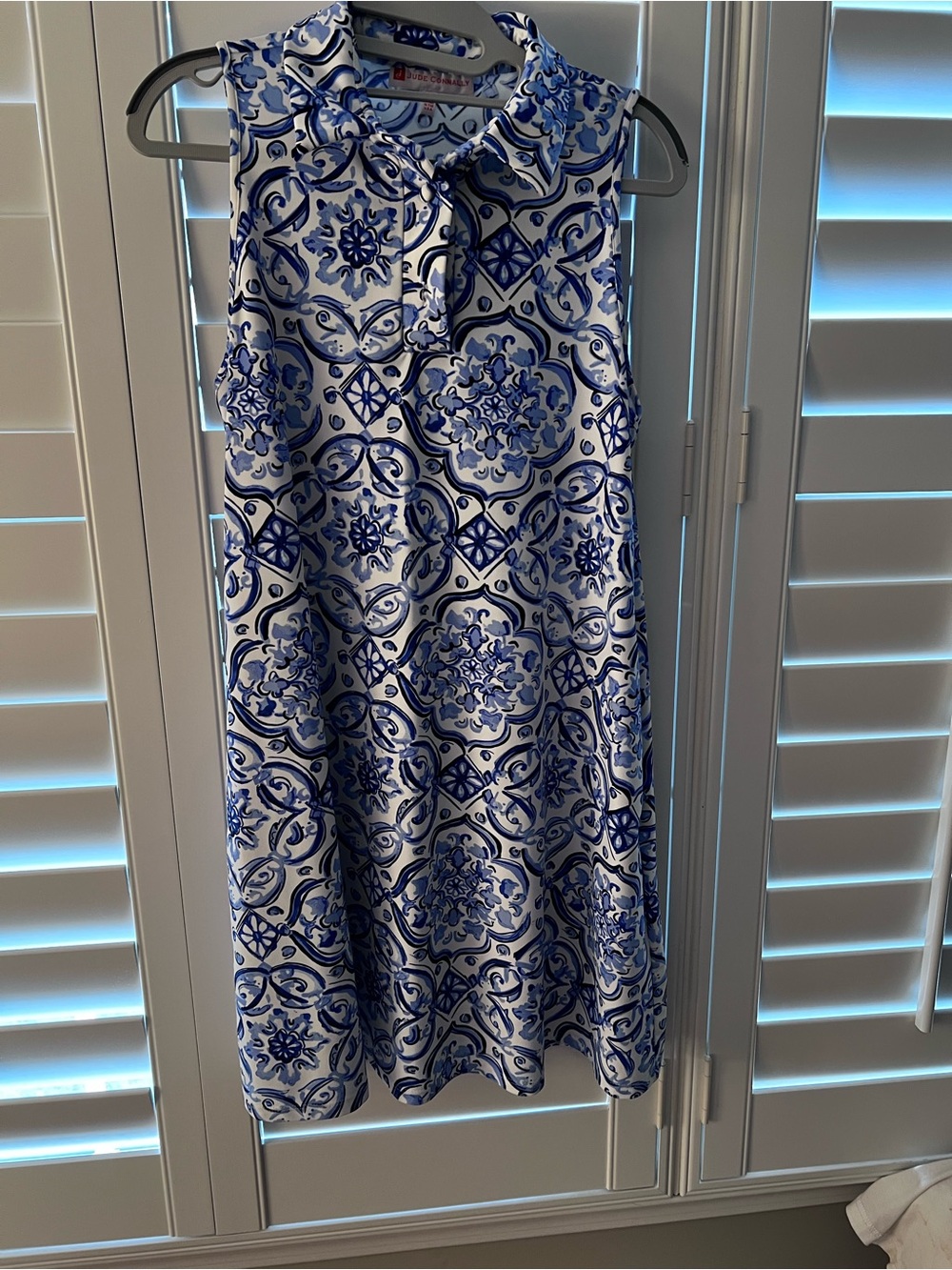 Jude Conally Sleeveless Blue and White Tile-Print Shift Dress